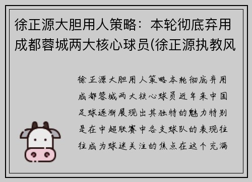 徐正源大胆用人策略：本轮彻底弃用成都蓉城两大核心球员(徐正源执教风格)