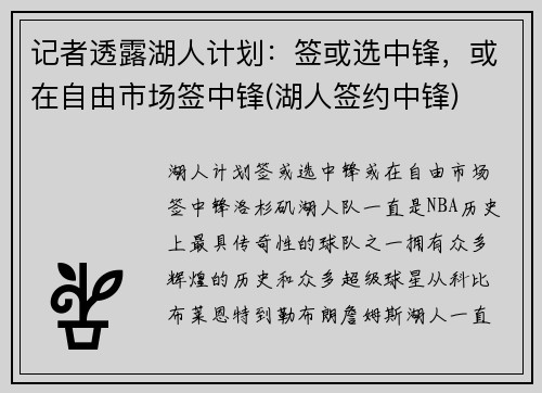 记者透露湖人计划：签或选中锋，或在自由市场签中锋(湖人签约中锋)