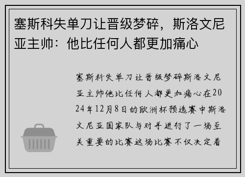 塞斯科失单刀让晋级梦碎，斯洛文尼亚主帅：他比任何人都更加痛心