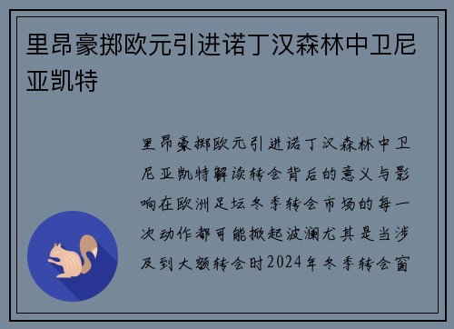 里昂豪掷欧元引进诺丁汉森林中卫尼亚凯特