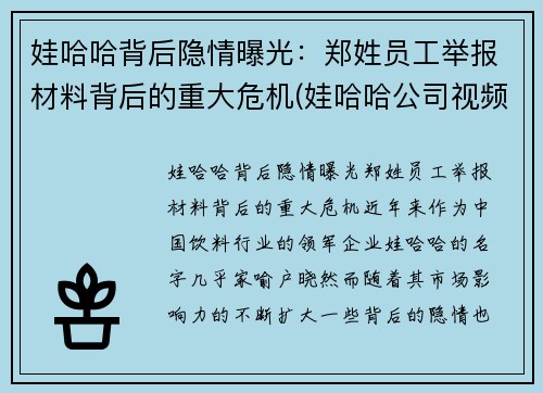 娃哈哈背后隐情曝光：郑姓员工举报材料背后的重大危机(娃哈哈公司视频)