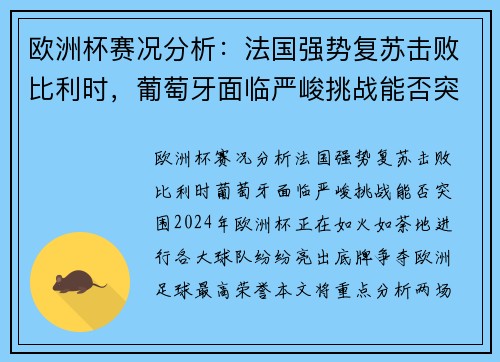 欧洲杯赛况分析：法国强势复苏击败比利时，葡萄牙面临严峻挑战能否突围？